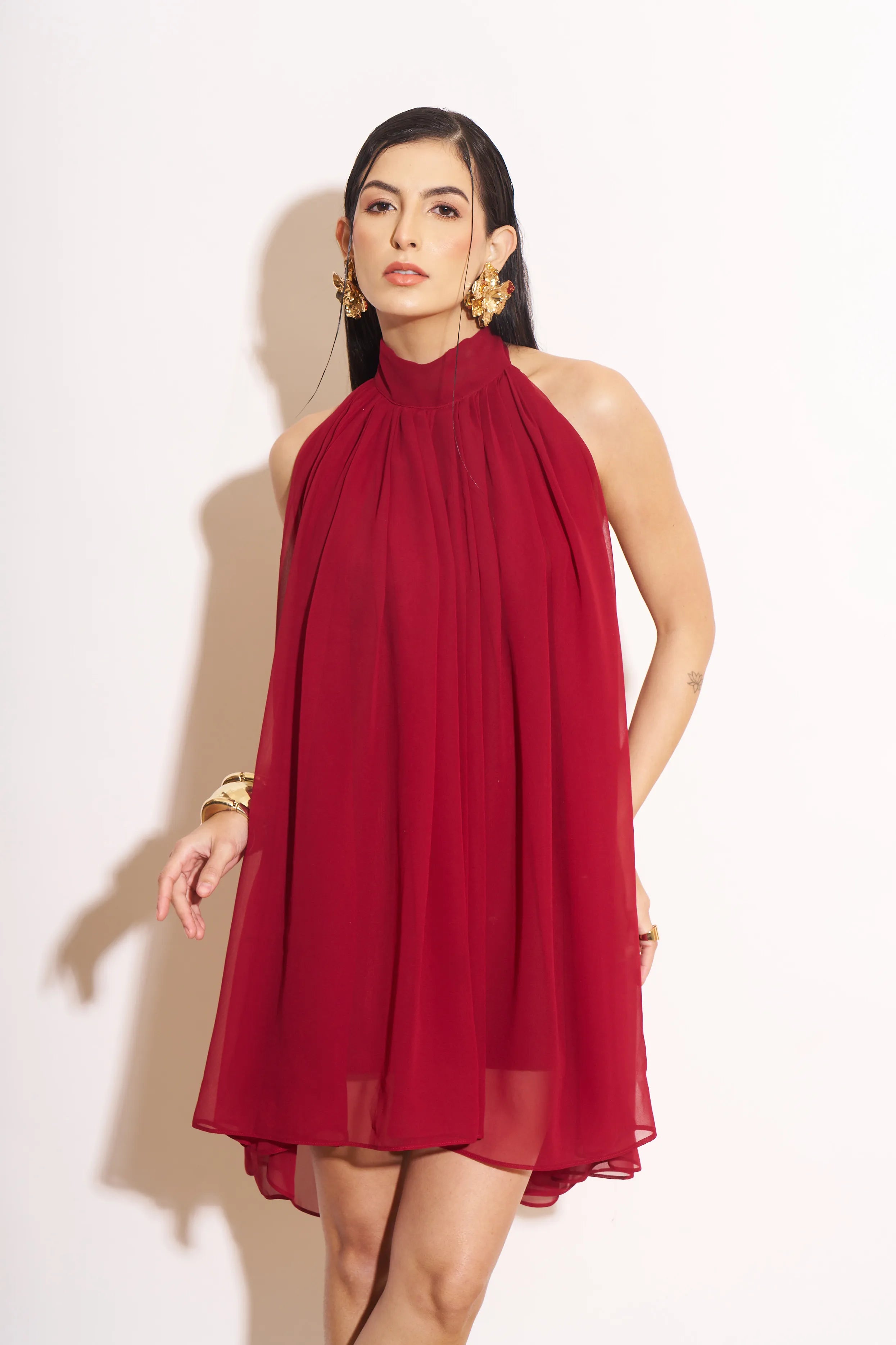 Imperial Halter Neck Pleated Mini Dress