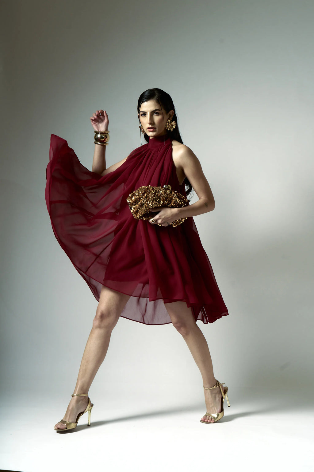 Imperial Halter Neck Pleated Mini Dress