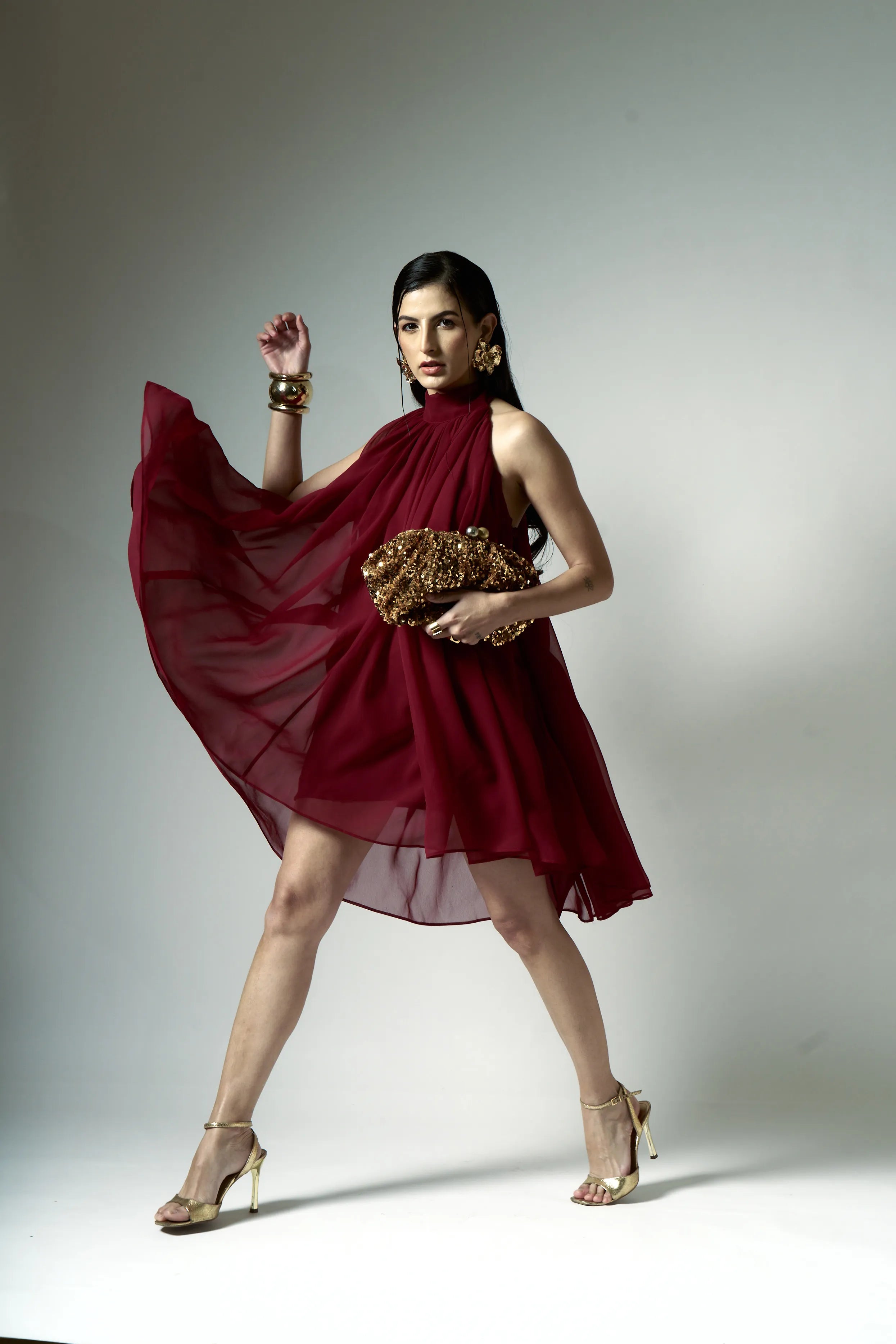 Imperial Halter Neck Pleated Mini Dress