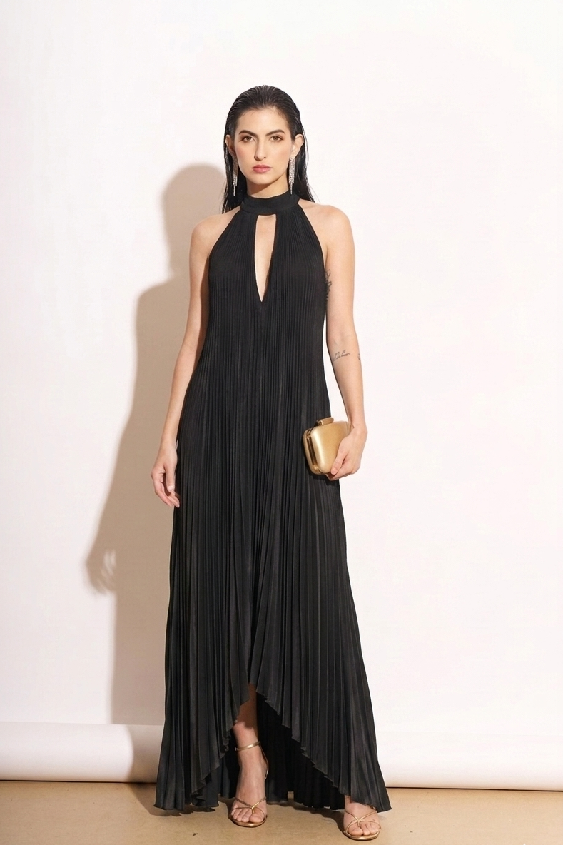 Noir Pleated Halter High-Low Dress